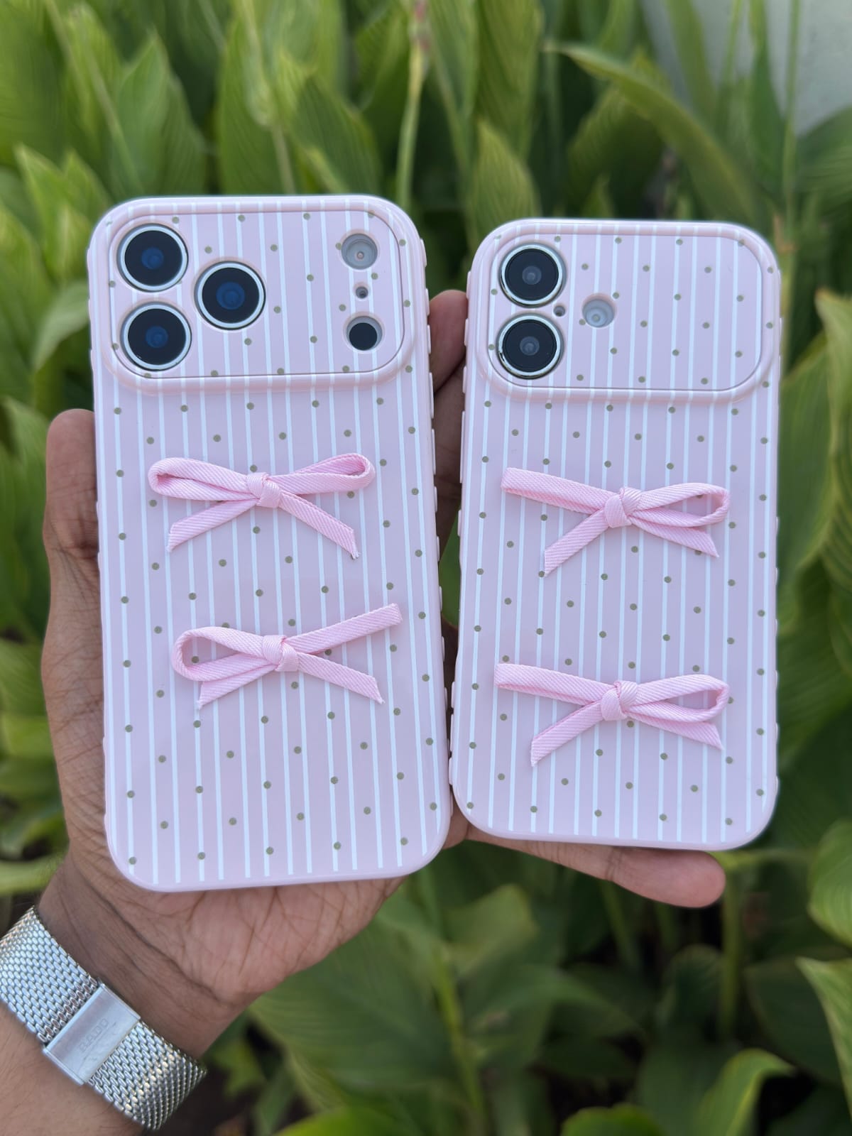 Pink Double Bow Stripe iPhone Case 🎀