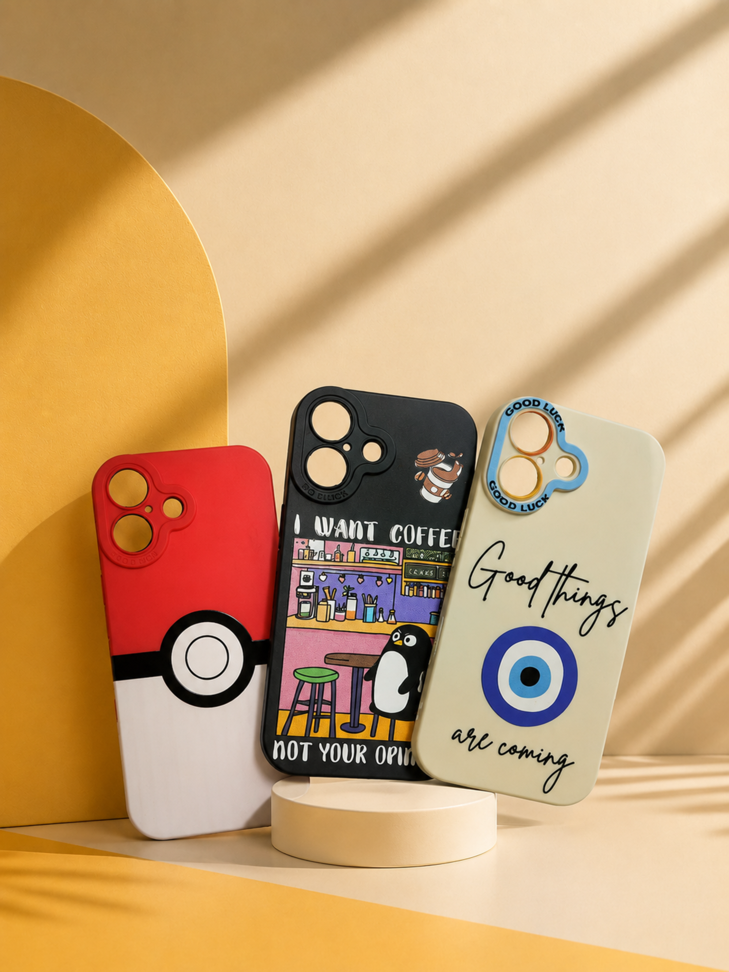 iPhone 16 & 17 Case Combo of 3 - Pokéball, Coffee Penguin & Good Things Evil Eye