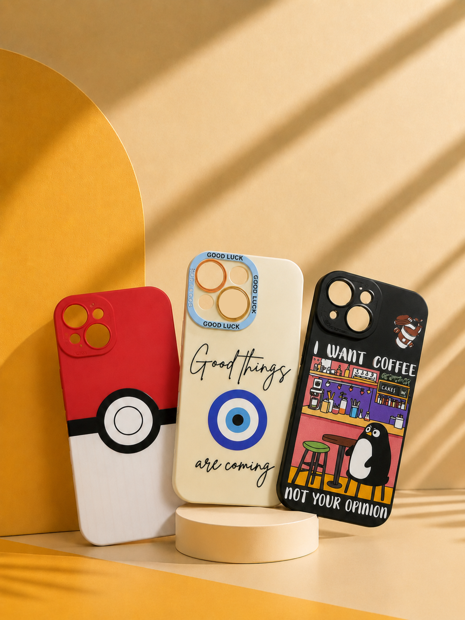 iPhone 13, 14 & 15 Case Combo of 3 - Pokéball, Evil Eye & Coffee Penguin