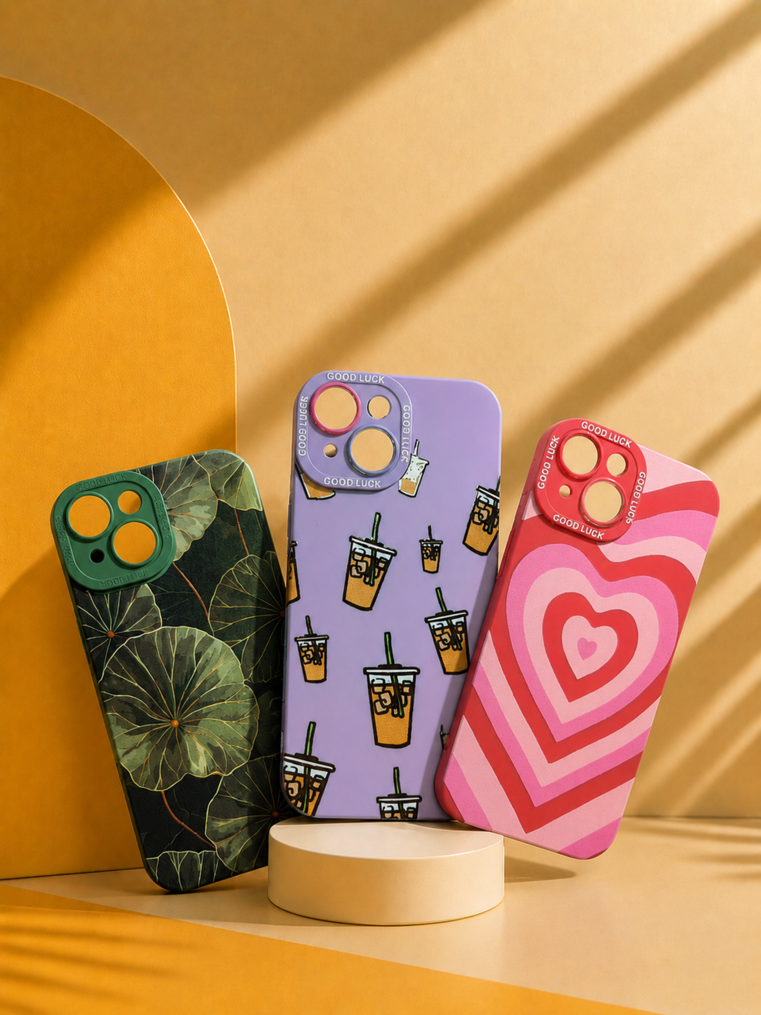 iPhone 13, 14 & 15 Case Combo of 3 - Lotus Leaf, Boba Tea & Heart Wave