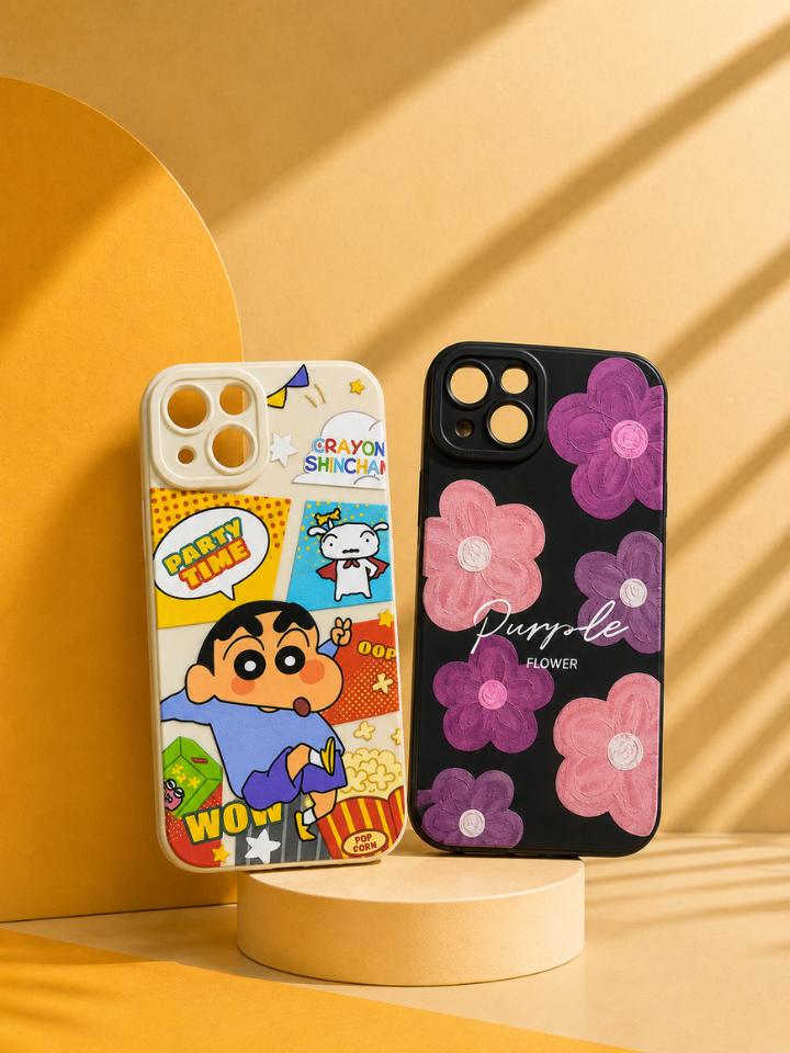 2 iPhone Case Combo Shin-chan & Purple Flower for iPhone 13, 14 & 16 Pro