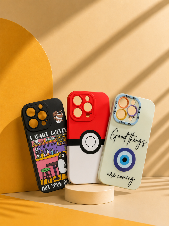 iPhone 16 Pro Case Combo of 3 - Coffee Penguin, Pokéball & Evil Eye
